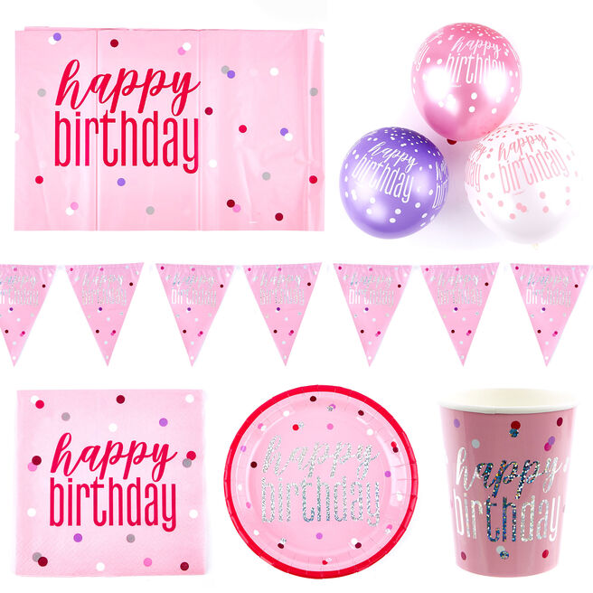 Pink Happy Birthday Party Tableware & Decorations Bundle - 16 Guests