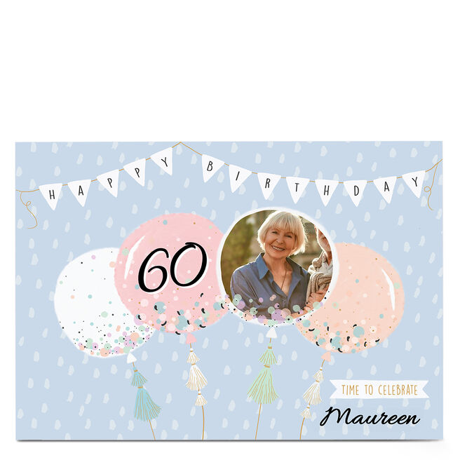 Photo 60th Birthday Card - Pastel Banner & Balloons