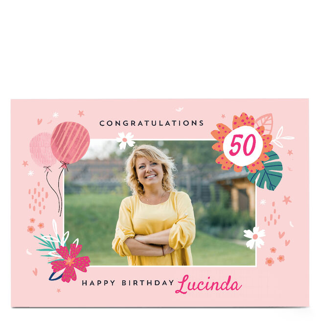 Photo Birthday Card - Pink Floral, Any Age
