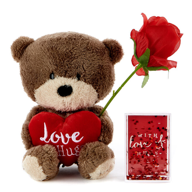 Soft Toy, Water Frame & Rose Valentine's Day Gift Set