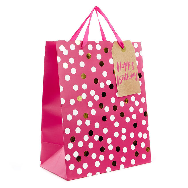 Large Portrait Gift Bag - Pink Spots, Happy Birthday