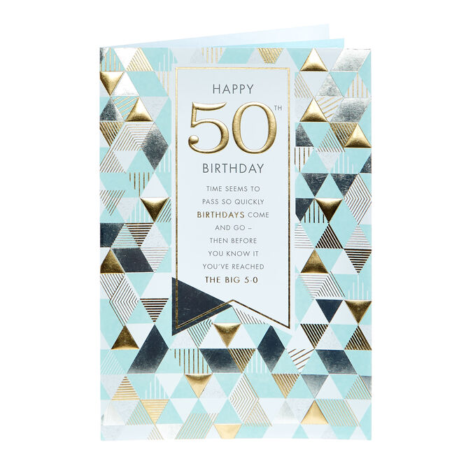 50th Birthday Card - Mint & Gold Triangles