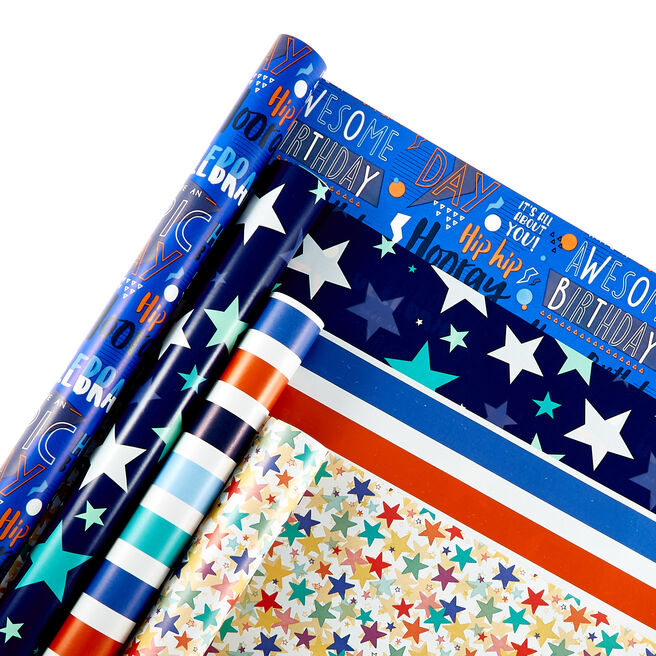 Assorted Starry & Stripy Wrapping Paper - 4 Rolls