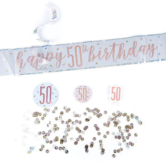Rose Gold 50th Birthday Party Accessories Kit - 11 Pieces