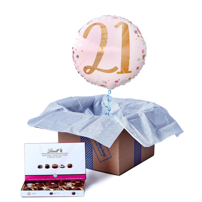 Pink & Rose Gold 21st Birthday Balloon & Lindt Chocolates - FREE GIFT CARD!
