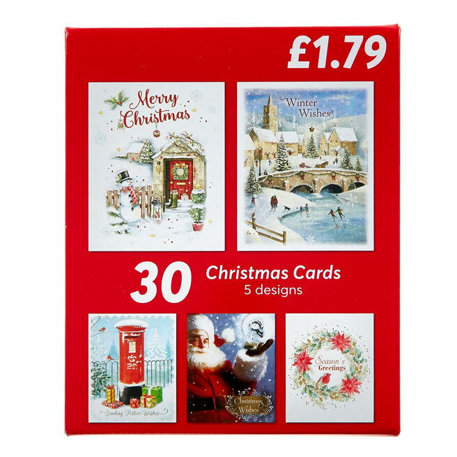 Pack of 30 Traditional Christmas Cards - 5 Designs 
