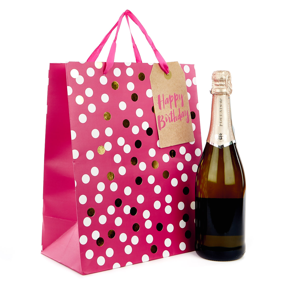 Large Portrait Gift Bag - Pink Spots, Happy Birthday