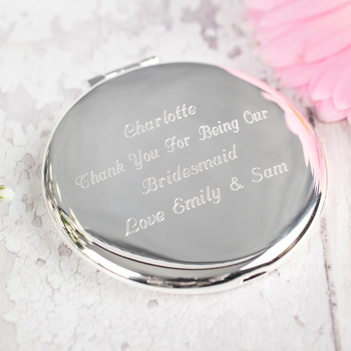 Personalised Engraved Silver Round Compact Mirror