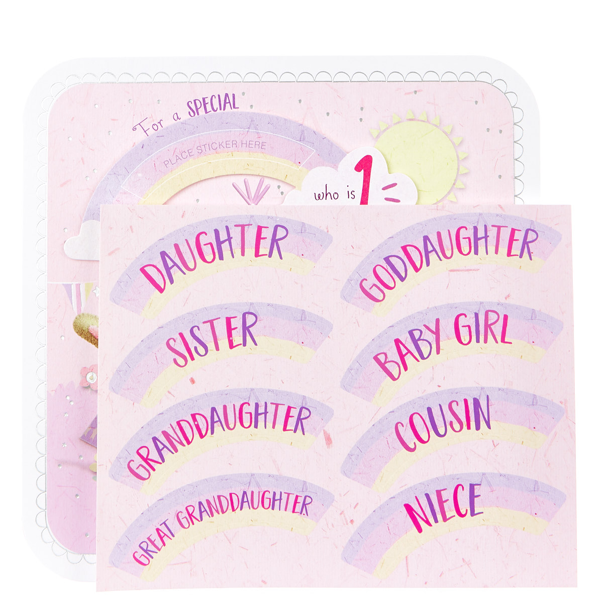 Exquisite Collection 1st Birthday Card - Any Female Recipient (Stickers Included)