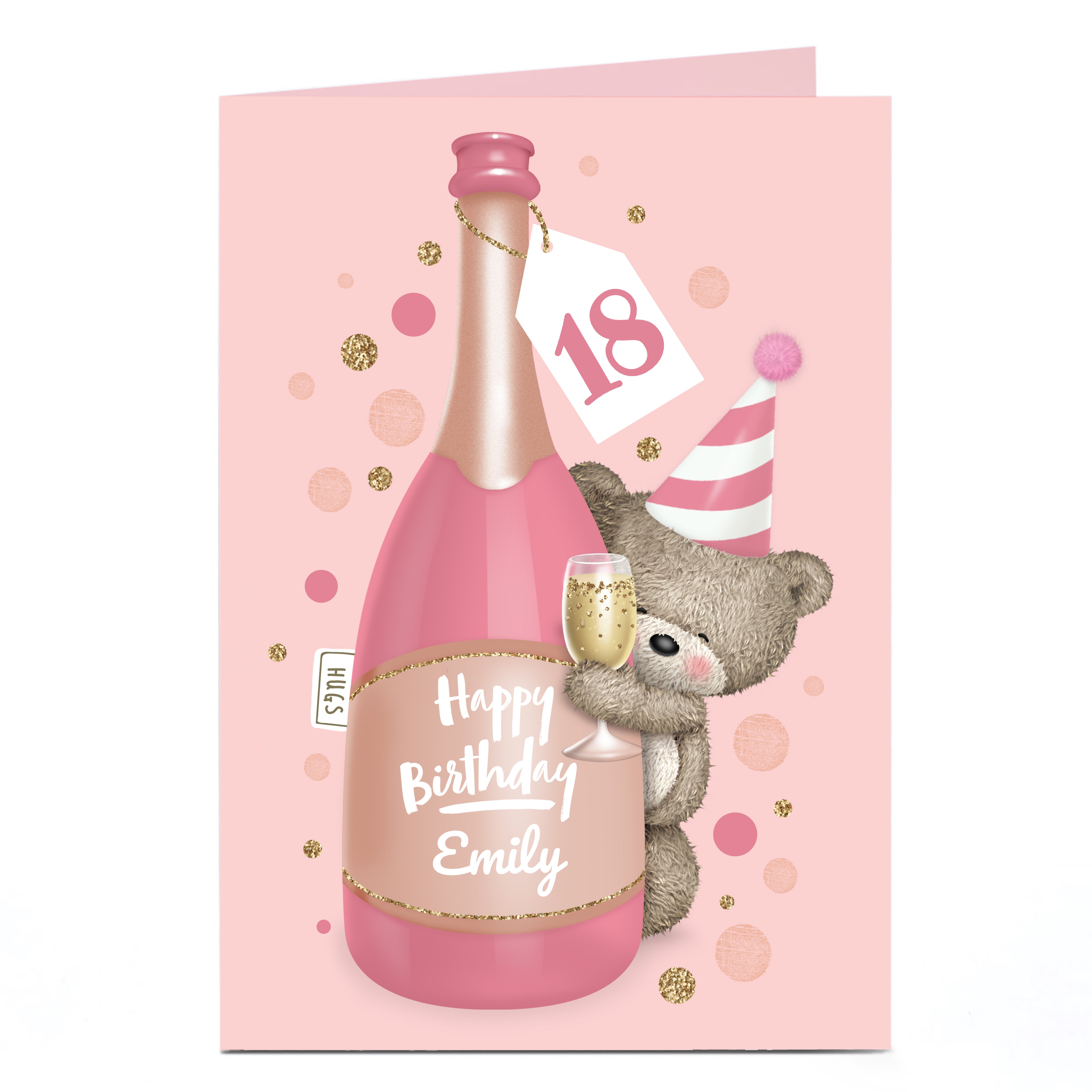 Personalised Editable Age Hugs Bear Birthday Card - Pink Champagne
