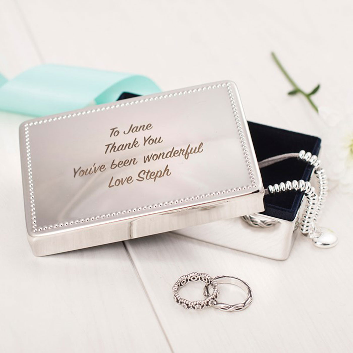 Engraved Silver Rectangular Beaded Jewellery Box