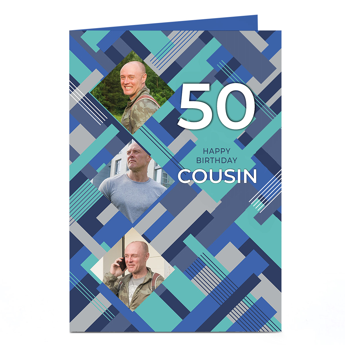 Photo Editable Age Birthday Card - Geometric Blue, Cousin