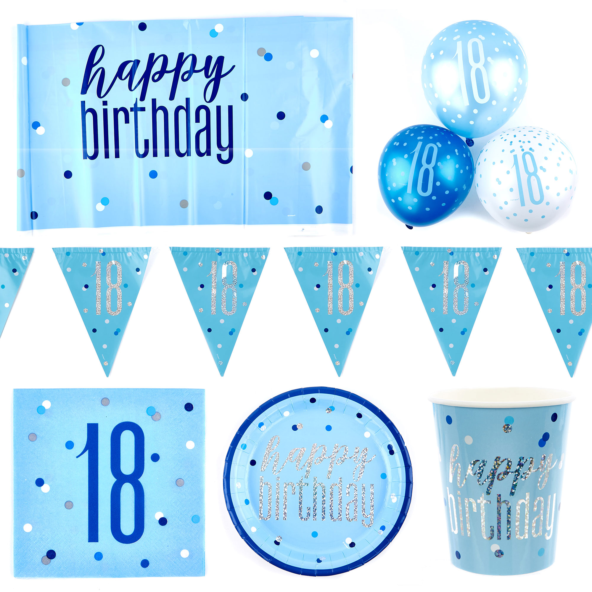 Blue 18th Birthday Party Tableware & Decorations Bundle - 16 Guests