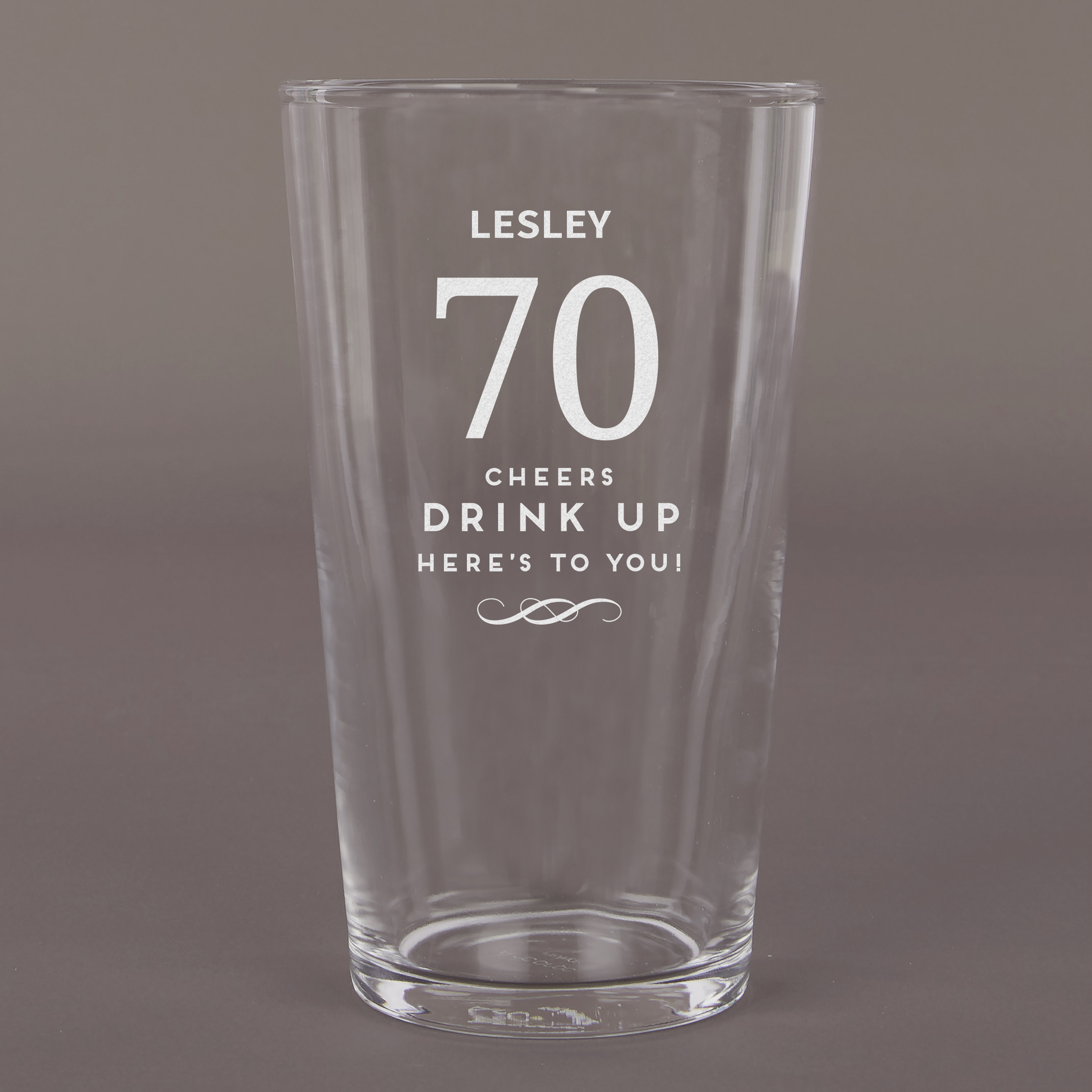 Personalised 70th Birthday Pint Glass - Cheers, Drink Up! 