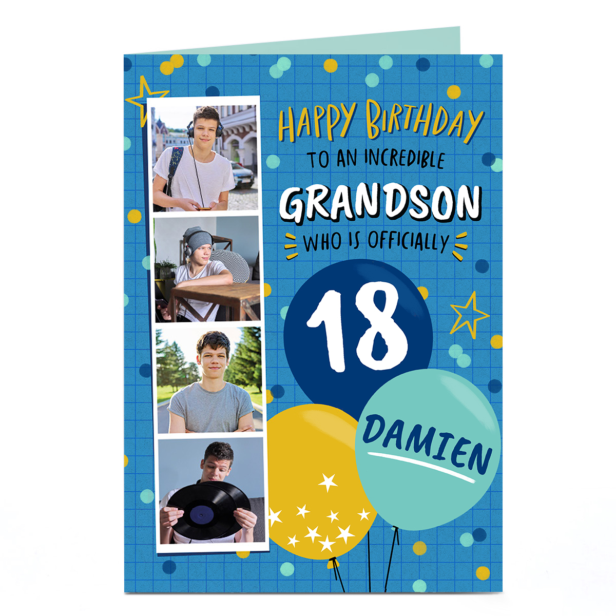 Photo Birthday Card - Blue & Yellow Balloons Editable Age